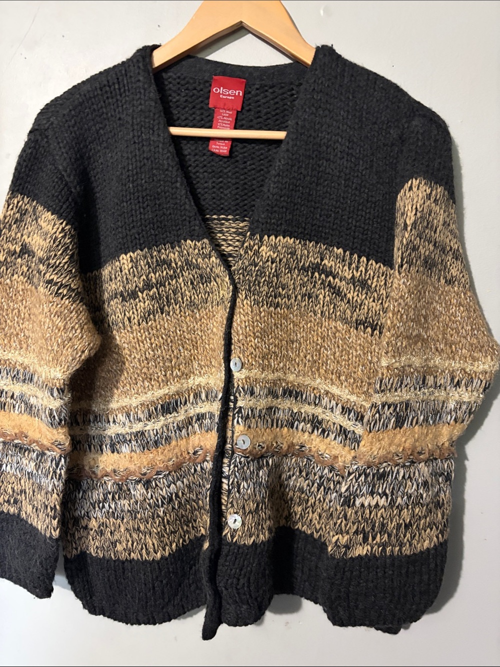 Olsen Black and Tan Striped Chunky Button-Front Cardigan